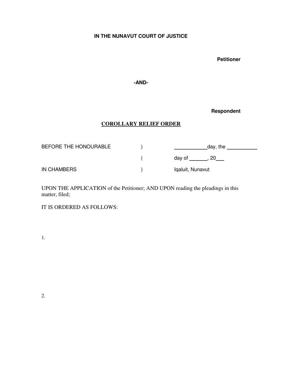 Corollary Relief Order - Nunavut, Canada, Page 1