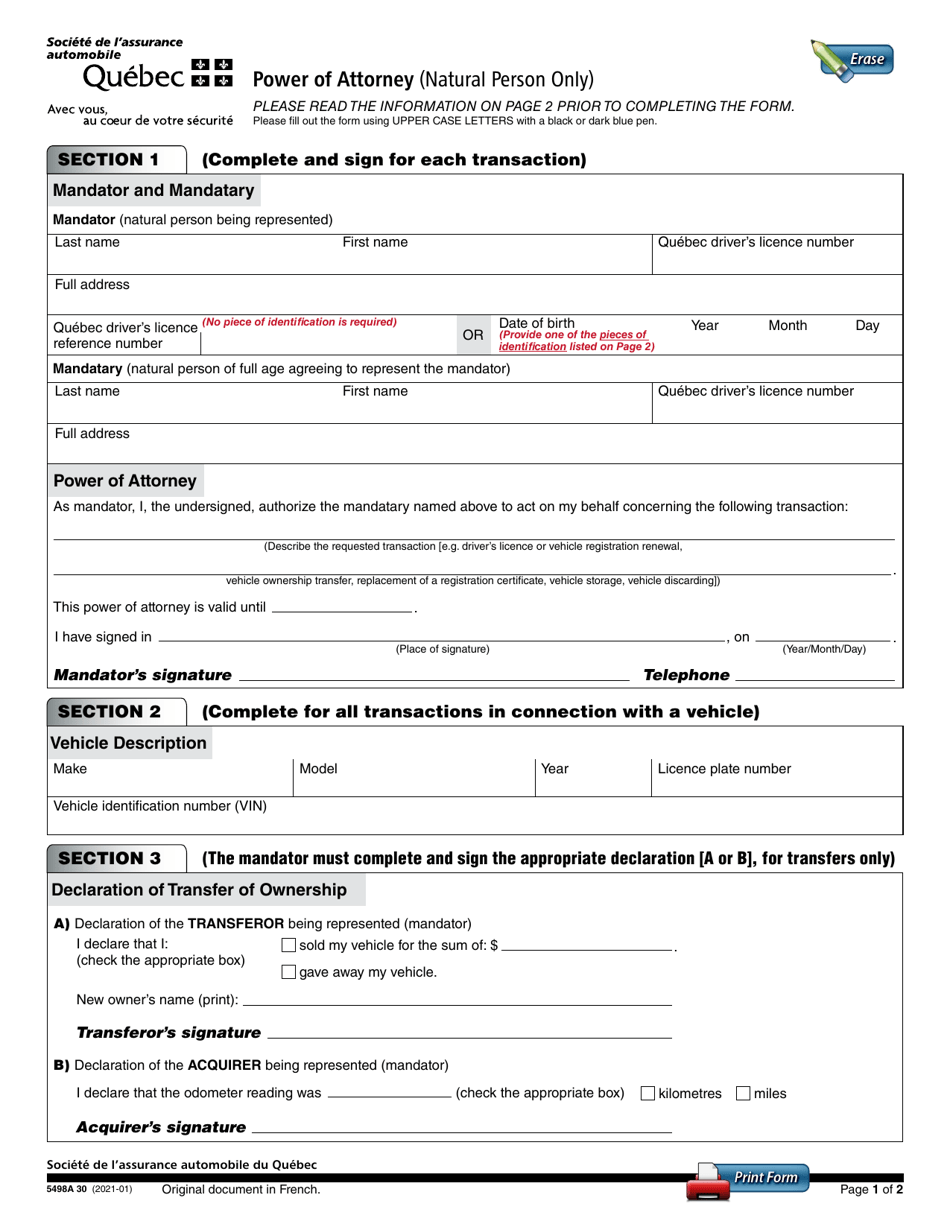 Form 5498A 30 Power of Attorney (Natural Person Only) - Quebec, Canada (English / French), Page 1