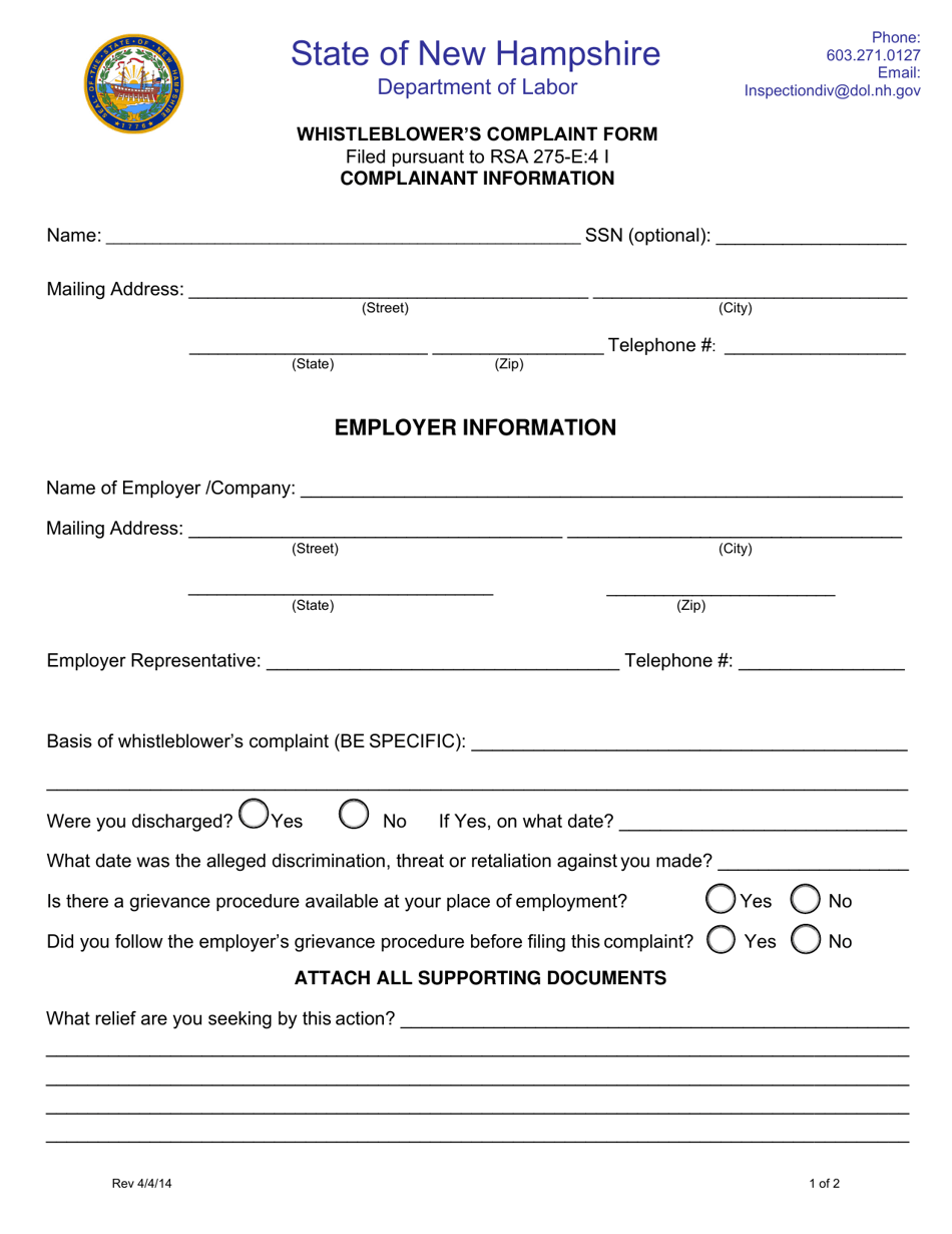 Whistleblowers Complaint Form - New Hampshire, Page 1