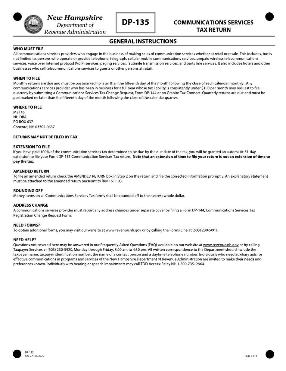 Form DP-135 Communications Services Tax Return - New Hampshire, Page 3