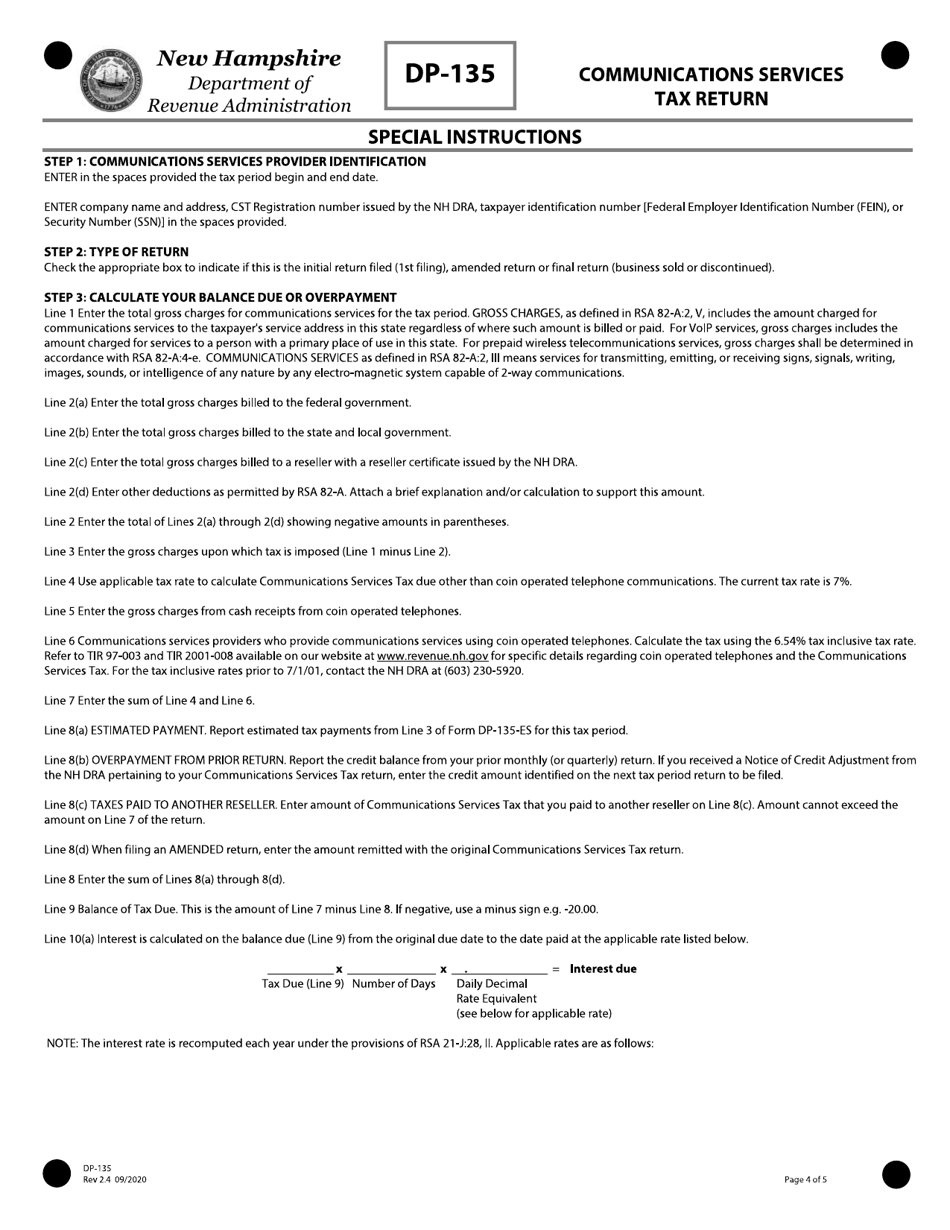 Form DP-135 Communications Services Tax Return - New Hampshire, Page 4