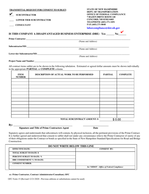 OFC Form 15 Request for Consent to Sublet for State and Municipally (Lpa) Managed Projects - New Hampshire