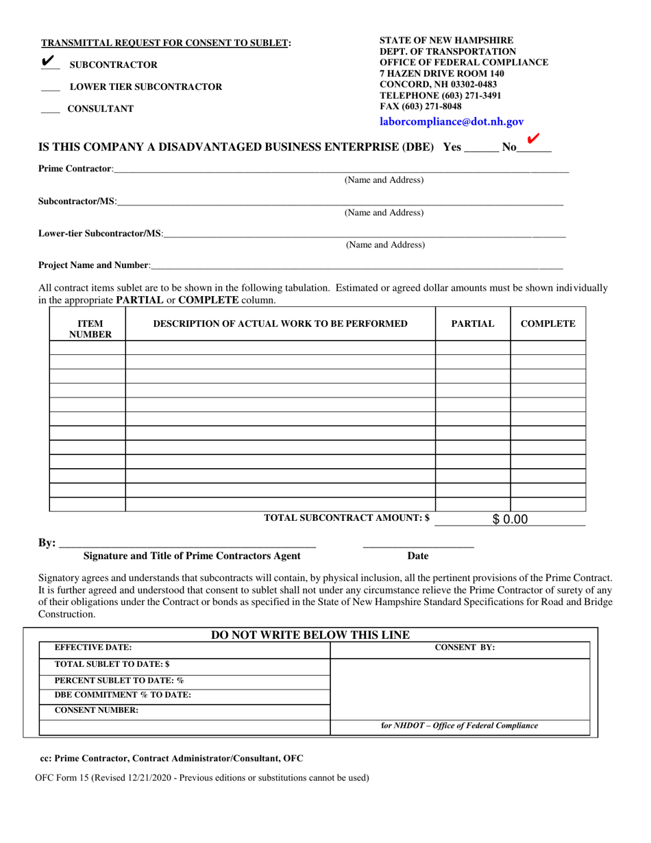 OFC Form 15 Request for Consent to Sublet for State and Municipally (Lpa) Managed Projects - New Hampshire, Page 1