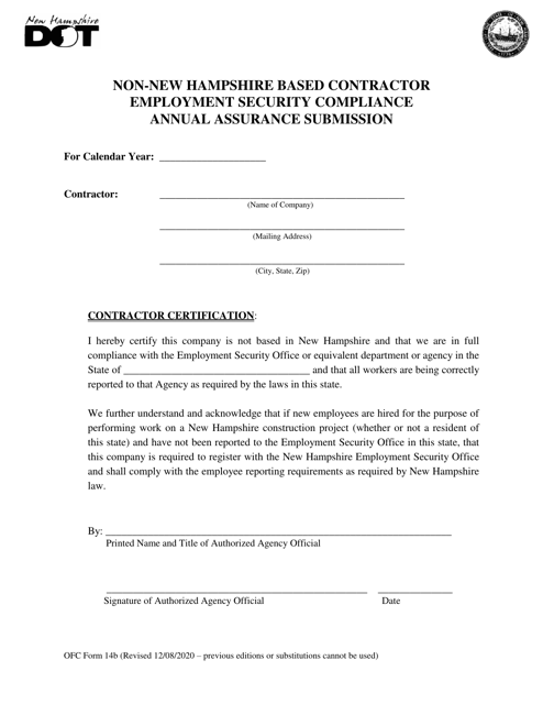 OFC Form 14B Non-new Hampshire Based Contractor Employment Security Compliance Annual Assurance Submission - New Hampshire