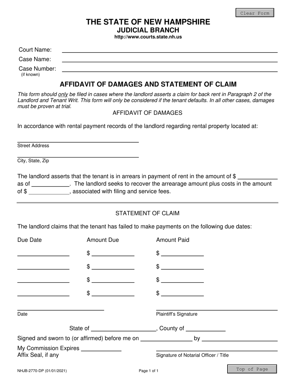Form NHJB-2770-DP Affidavit of Damages and Statement of Claim - New Hampshire, Page 1