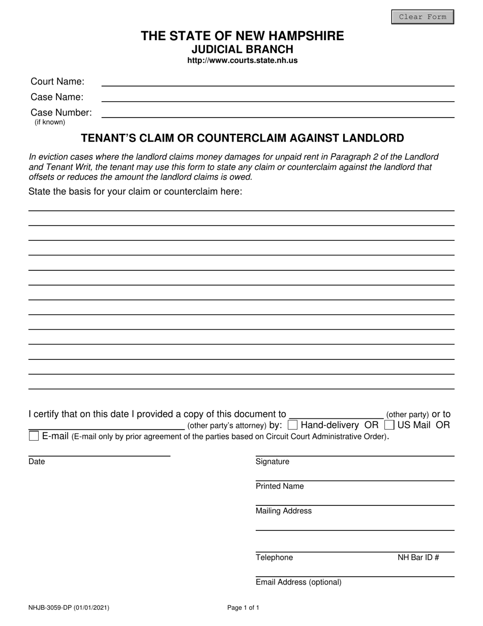 Form NHJB-3059-DP Tenants Claim or Counterclaim Against Landlord - New Hampshire, Page 1