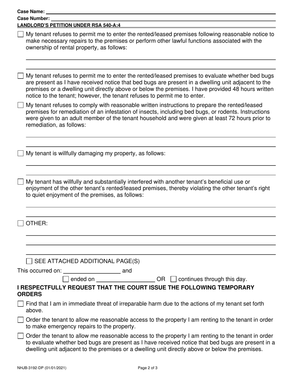 Form NHJB-3192-DP Landlords Petition Under Rsa 540-a:4 - New Hampshire, Page 2