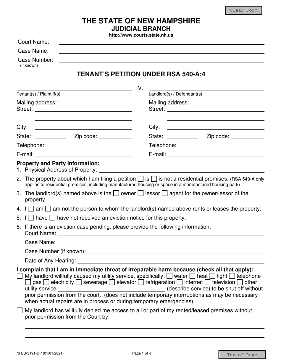Form NHJB-3191-DP Tenant's Petition Under Rsa 540-a:4 - New Hampshire, Page 1