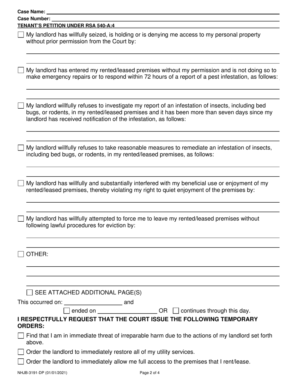 Form NHJB-3191-DP Tenants Petition Under Rsa 540-a:4 - New Hampshire, Page 2
