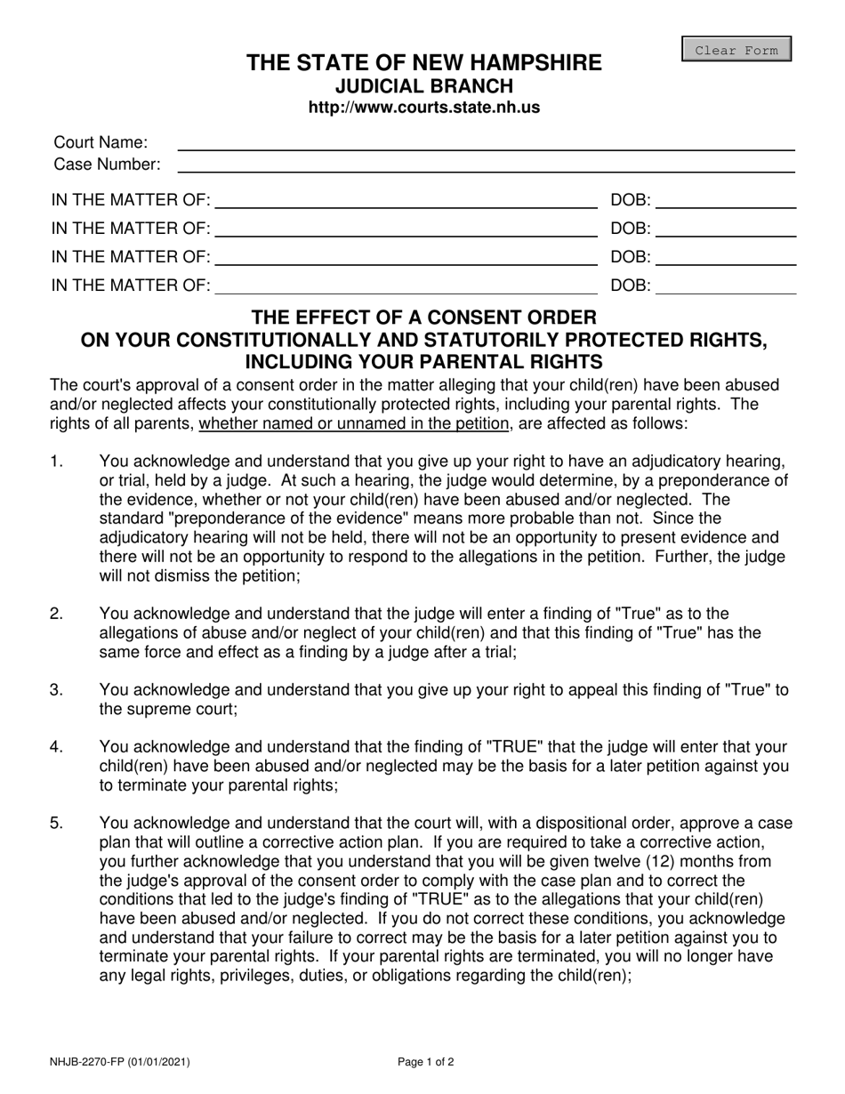 Form NHJB-2270-FP The Effect of a Consent Order on Your Constitutionally and Statutorily Protected Rights, Including Your Parental Rights - New Hampshire, Page 1