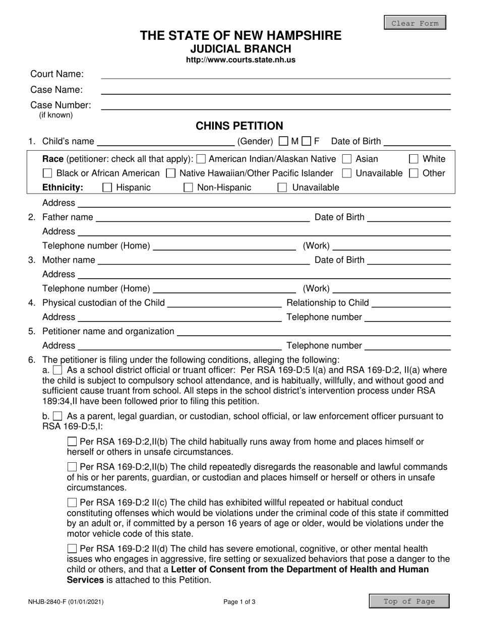 Form NHJB-2840-F Chins Petition - New Hampshire, Page 1