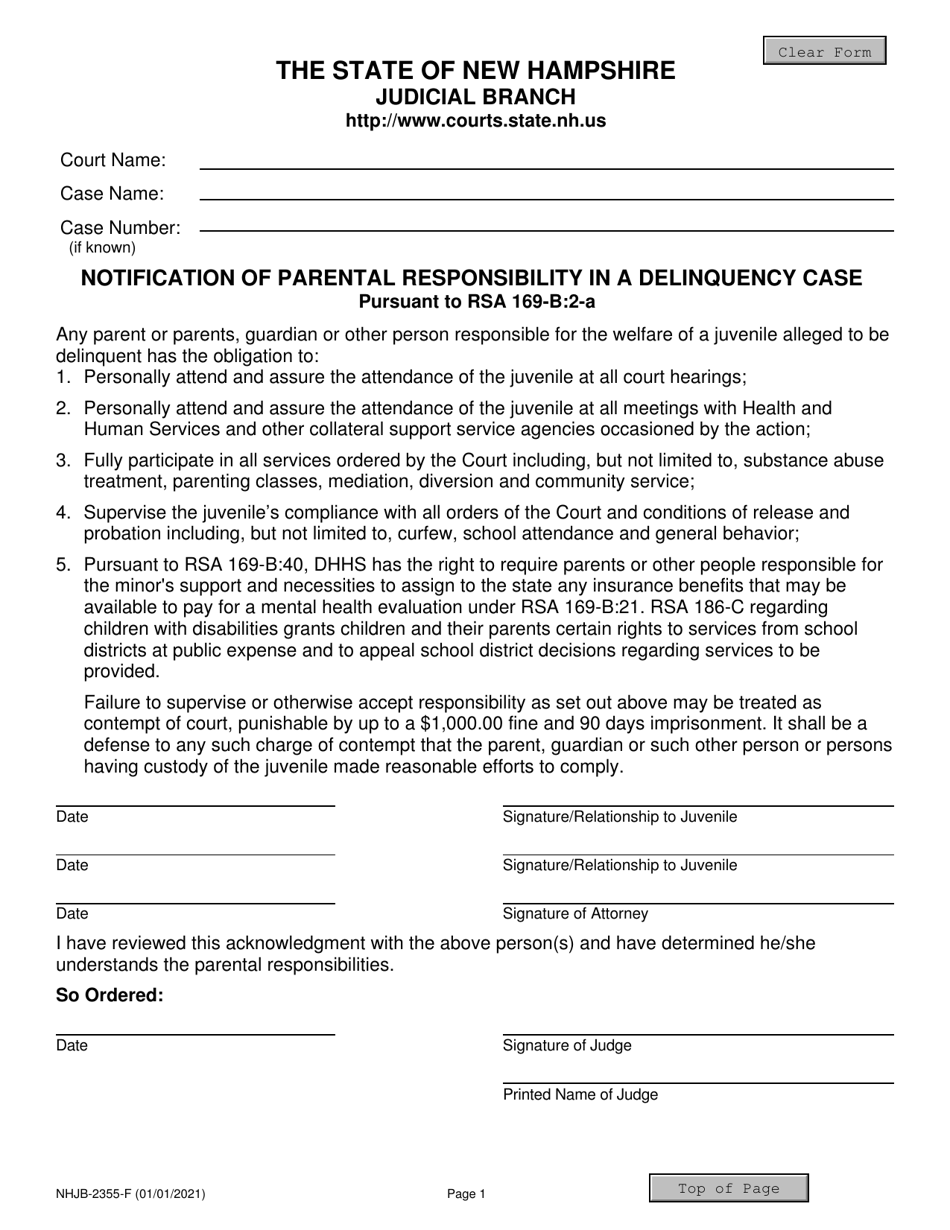 Form NHJB-2355-F Notification of Parental Responsibility in a Delinquency Case - New Hampshire, Page 1