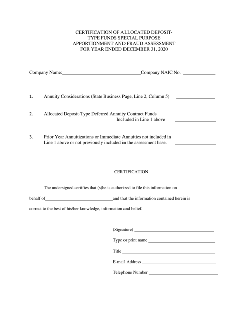 Certification of Allocated Deposit- Type Funds Special Purpose Apportionment and Fraud Assessment - New Jersey Download Pdf