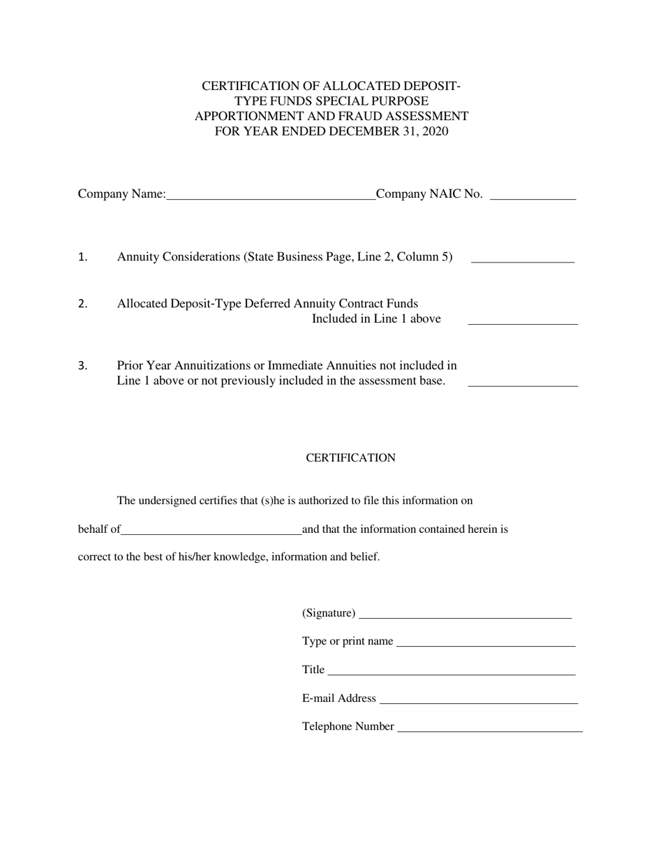Certification of Allocated Deposit- Type Funds Special Purpose Apportionment and Fraud Assessment - New Jersey, Page 1