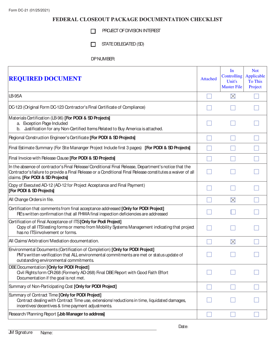 Form DC-21 Federal Closeout Package Documentation Checklist - New Jersey, Page 1