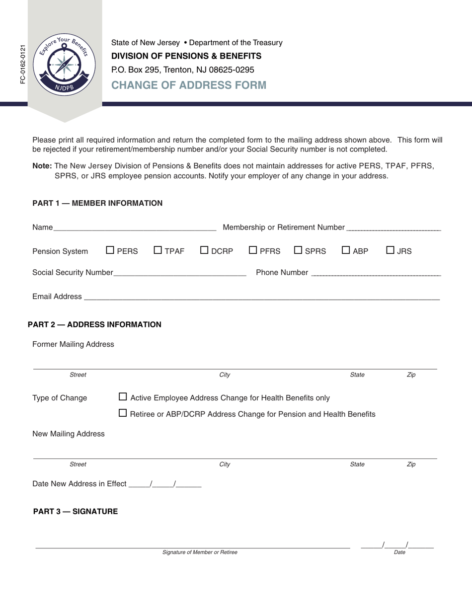 Form FC-0162 Change of Address Form - New Jersey, Page 1