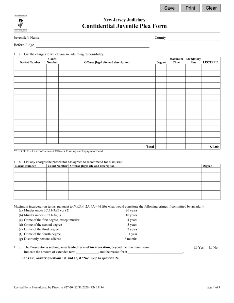 Form 11144 Confidential Juvenile Plea Form - New Jersey, Page 1