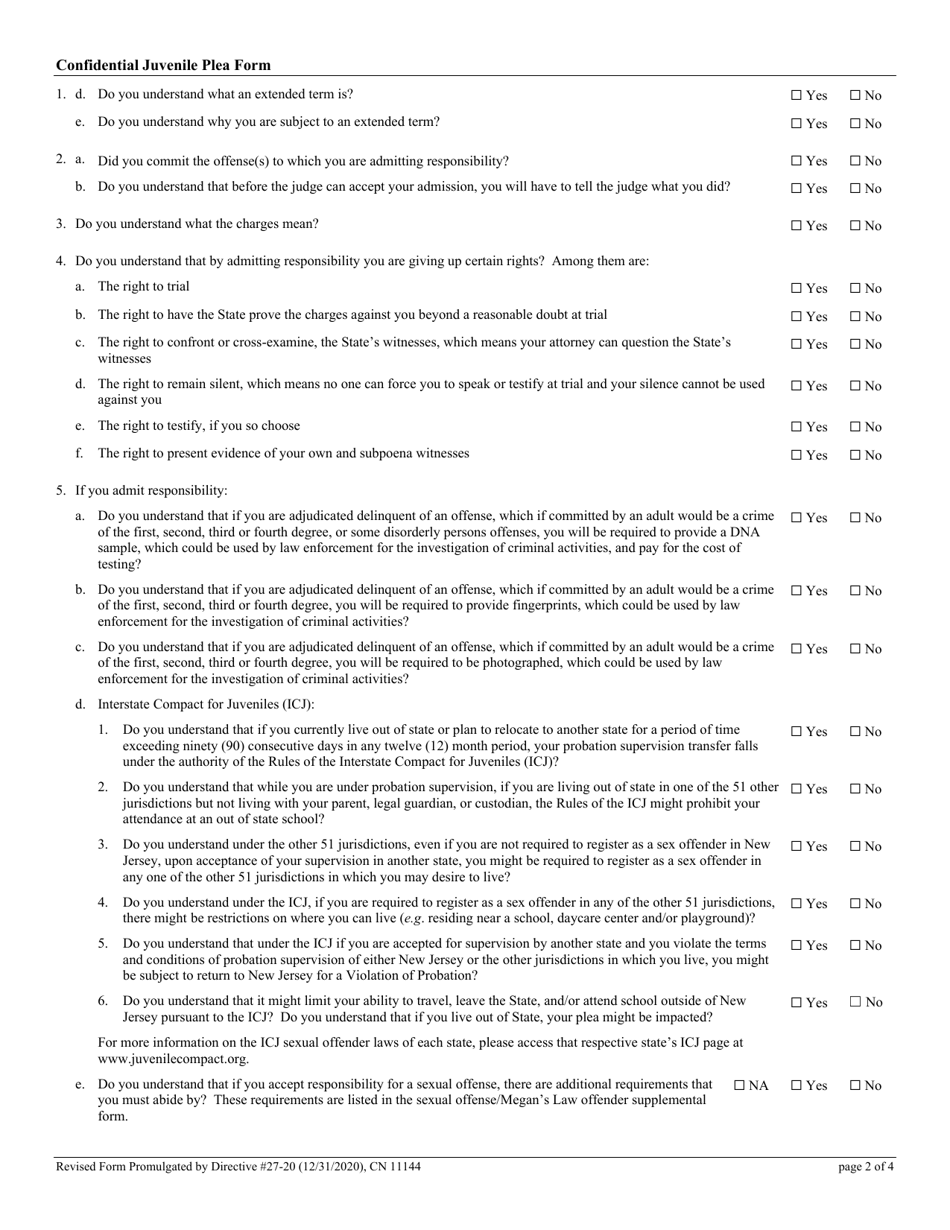 Form 11144 Confidential Juvenile Plea Form - New Jersey, Page 2