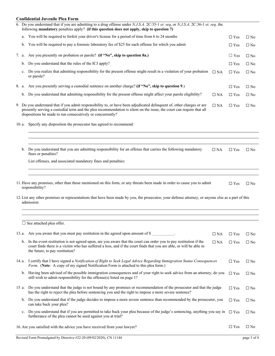 Form 11144 Confidential Juvenile Plea Form - New Jersey, Page 3