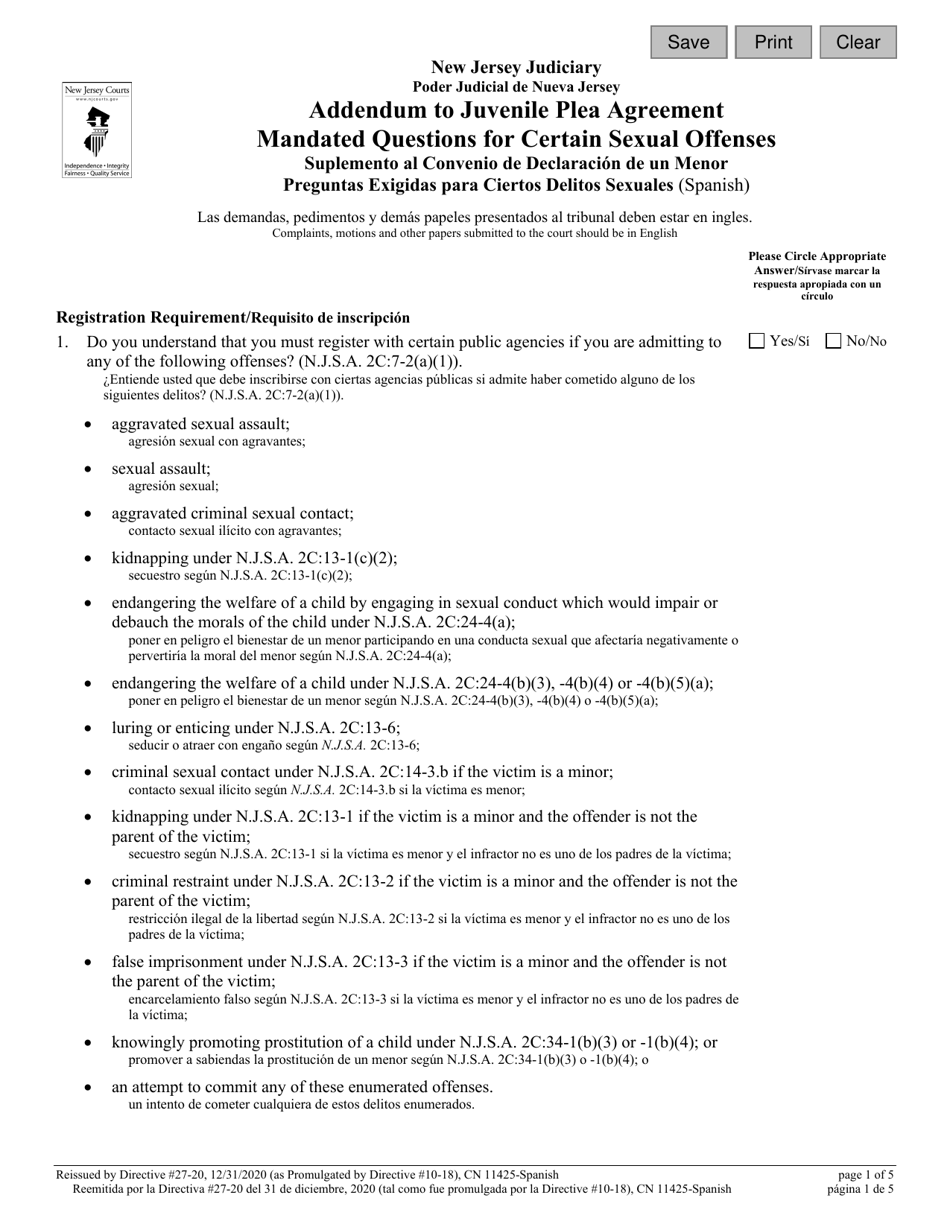 Form 11425 Addendum to Juvenile Plea Agreement - Mandated Questions for Certain Sexual Offenses - New Jersey (English / Spanish), Page 1