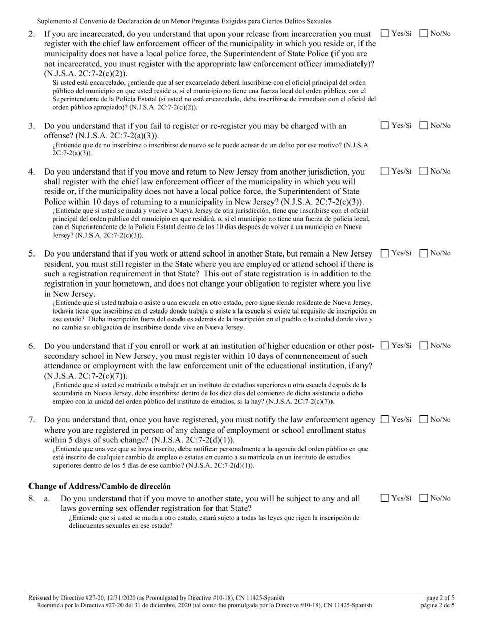 Form 11425 Addendum to Juvenile Plea Agreement - Mandated Questions for Certain Sexual Offenses - New Jersey (English / Spanish), Page 2