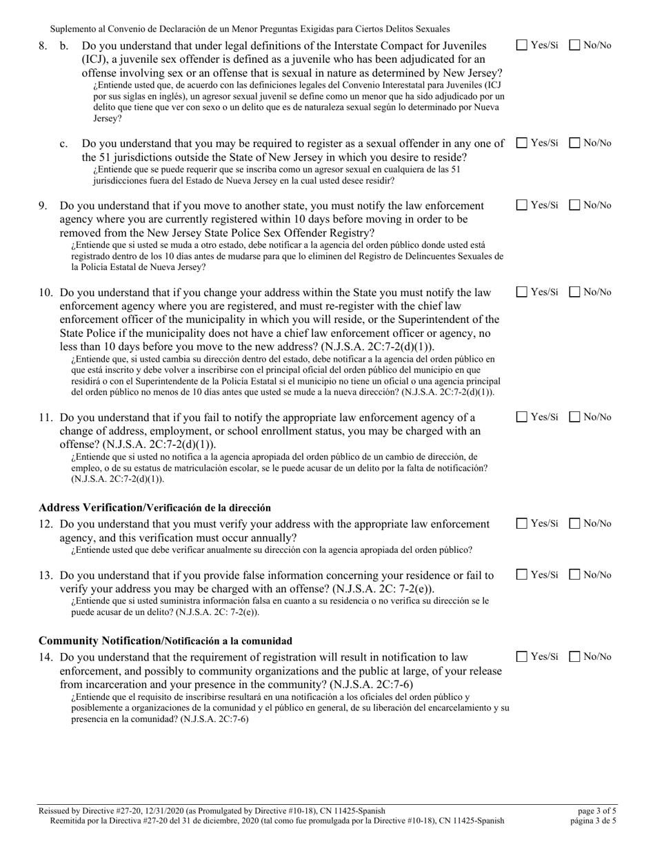 Form 11425 Addendum to Juvenile Plea Agreement - Mandated Questions for Certain Sexual Offenses - New Jersey (English / Spanish), Page 3