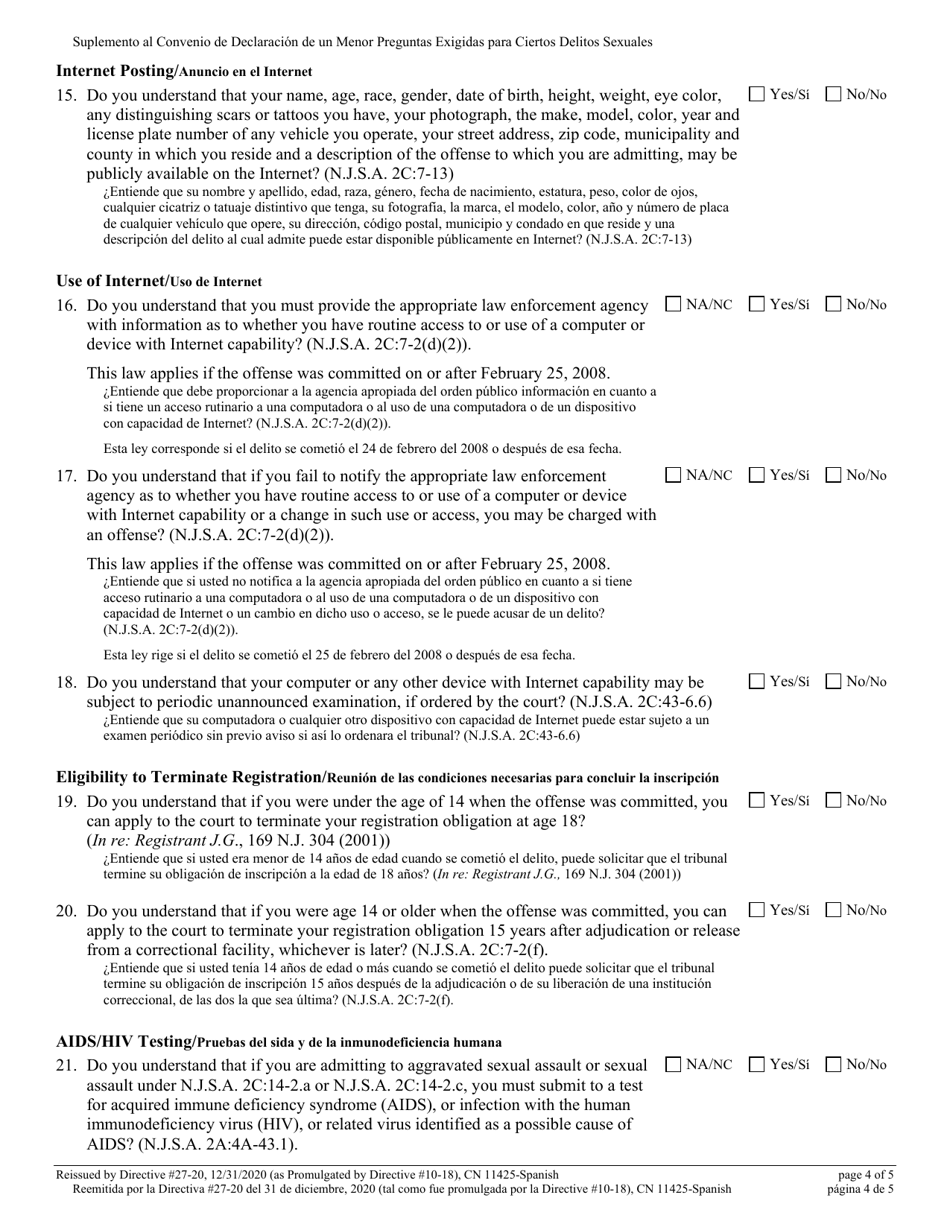 Form 11425 Addendum to Juvenile Plea Agreement - Mandated Questions for Certain Sexual Offenses - New Jersey (English / Spanish), Page 4