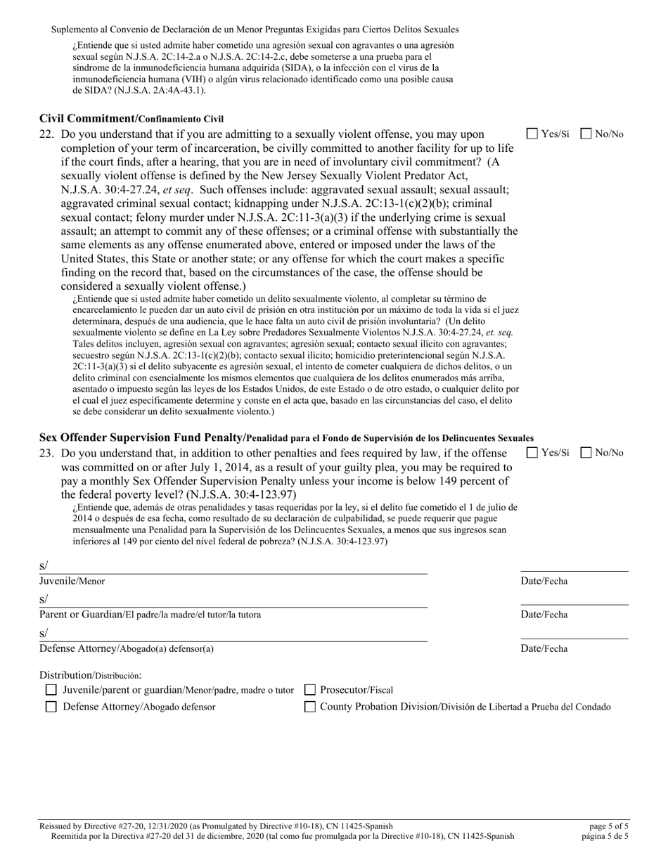 Form 11425 Addendum to Juvenile Plea Agreement - Mandated Questions for Certain Sexual Offenses - New Jersey (English / Spanish), Page 5