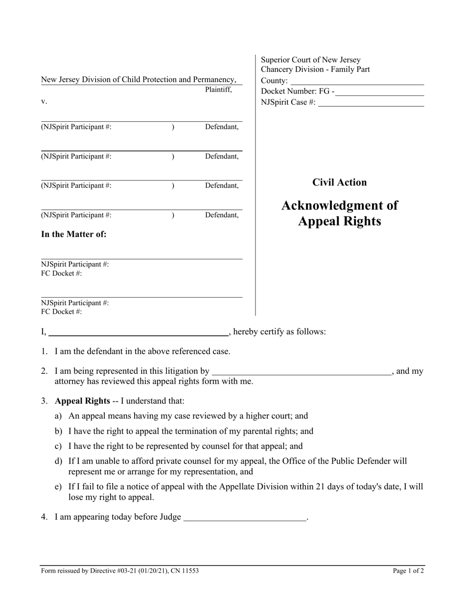 Form 11553 Acknowledgment of Appeal Rights - New Jersey, Page 1