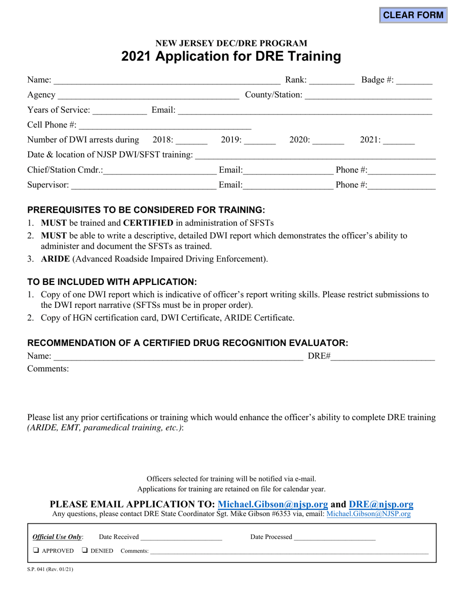 Form S.P.041 Application for Dre Training - New Jersey, Page 1