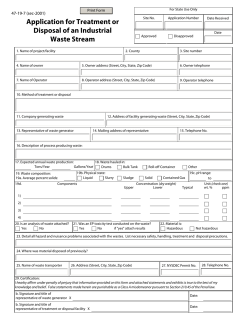 Form 47-19-7 Application for Treatment or Disposal of an Industrial Waste Stream - New York