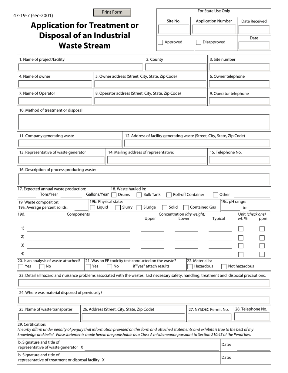 Form 47-19-7 Application for Treatment or Disposal of an Industrial Waste Stream - New York, Page 1