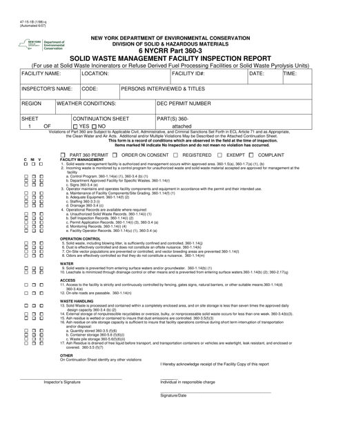Form 47-15-1B Solid Waste Management Facility Inspection Report - New York