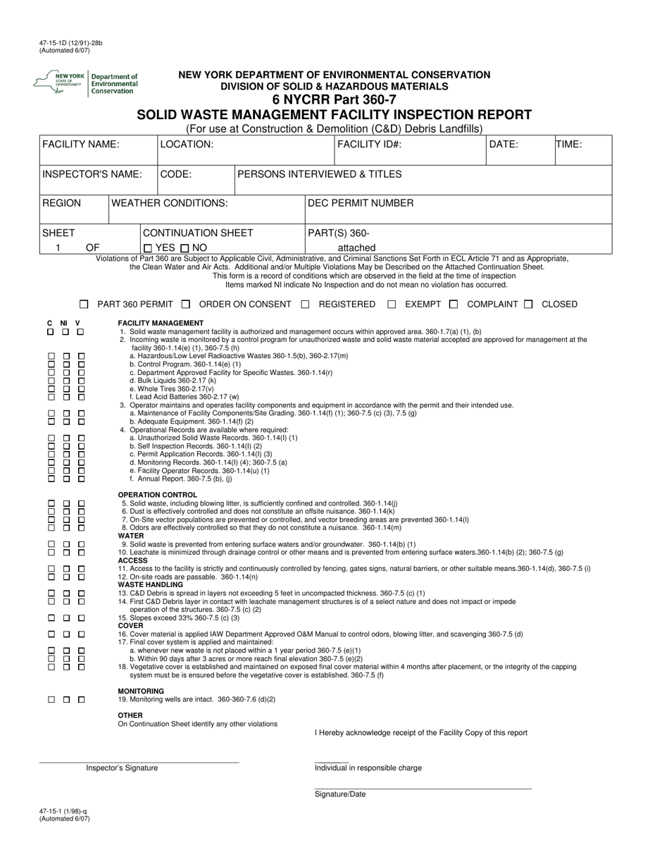 Form 47-15-1D Solid Waste Management Facility Inspection Report - New York, Page 1
