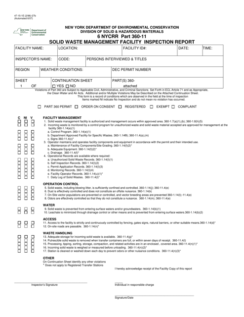 Form 47-15-1E Solid Waste Management Facility Inspection Report - New York