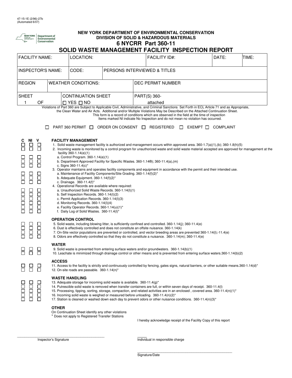 Form 47-15-1E Solid Waste Management Facility Inspection Report - New York, Page 1