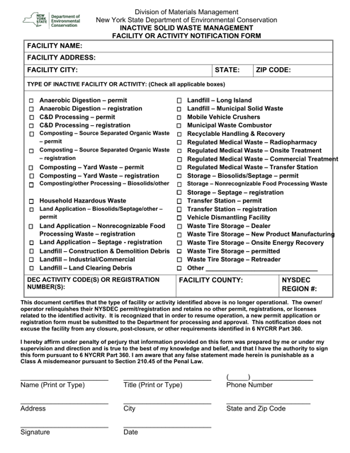 Inactive Solid Waste Management Facility or Activity Notification Form - New York