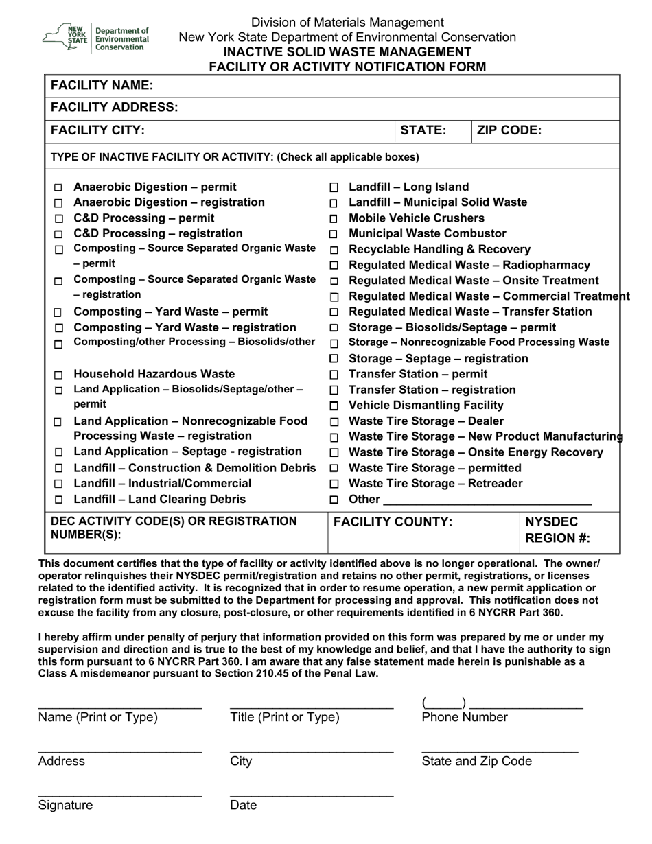 Inactive Solid Waste Management Facility or Activity Notification Form - New York, Page 1