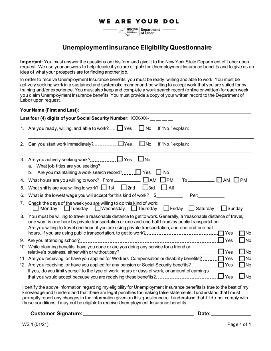 Form WS1 Unemployment Insurance Eligibility Questionnaire - New York, Page 1