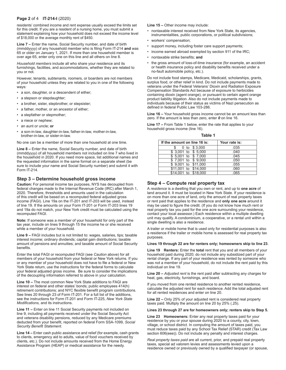 Instructions for Form IT-214 Claim for Real Property Tax Credit for Homeowners and Renters - New York, Page 2