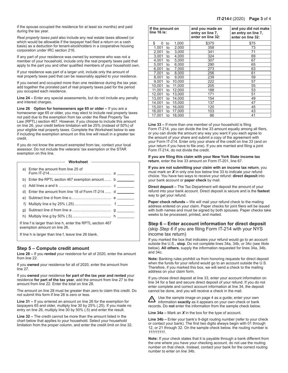 Instructions for Form IT-214 Claim for Real Property Tax Credit for Homeowners and Renters - New York, Page 3