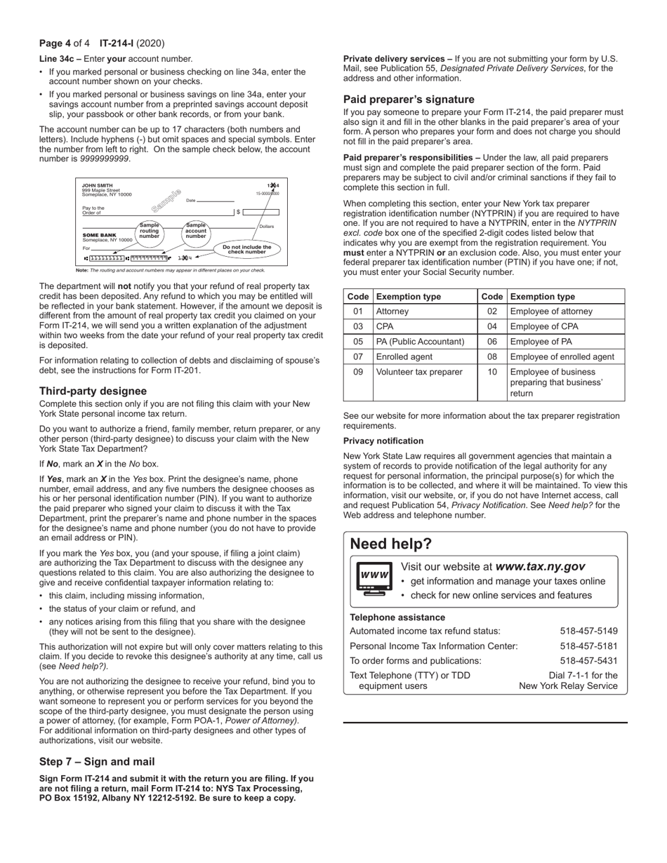 Instructions for Form IT-214 Claim for Real Property Tax Credit for Homeowners and Renters - New York, Page 4