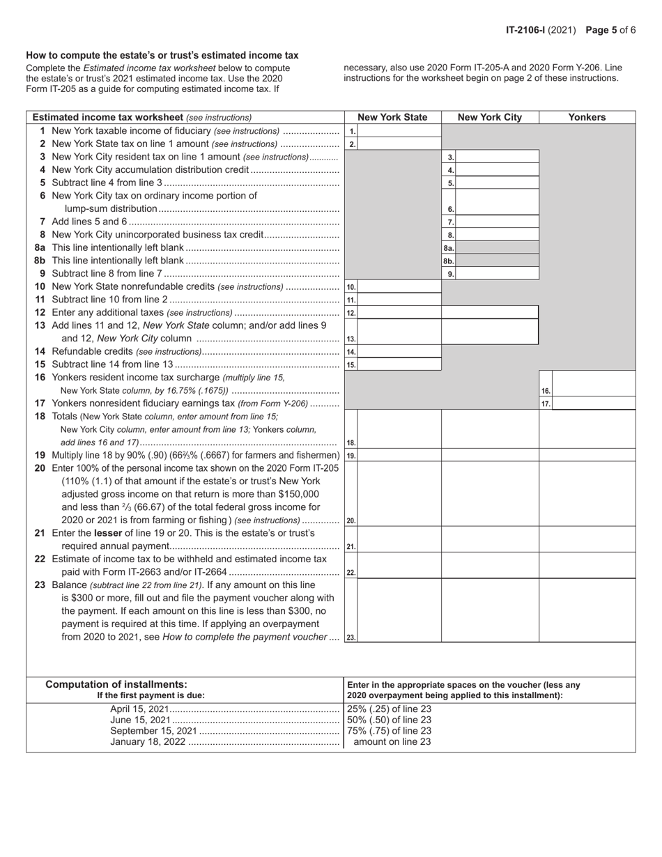 Instructions for Form IT-2106 Estimated Income Tax Payment Voucher for Fiduciaries - New York, Page 5