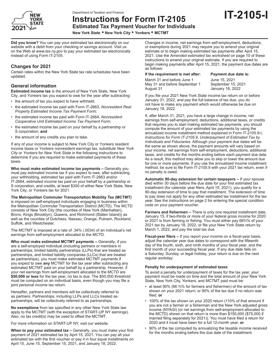 Instructions for Form IT-2105 Estimated Tax Payment Voucher for Individuals - New York, Page 1