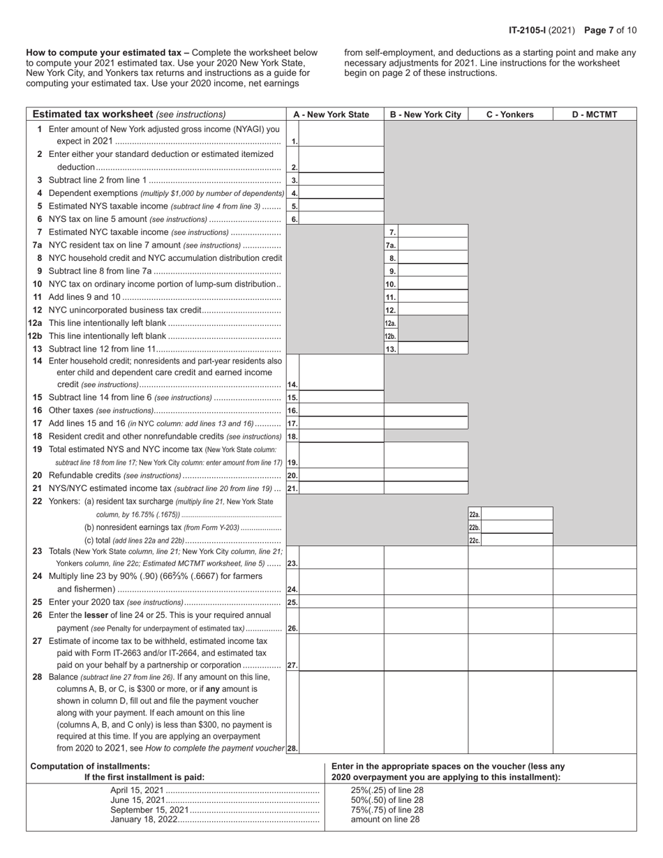 Instructions for Form IT-2105 Estimated Tax Payment Voucher for Individuals - New York, Page 7