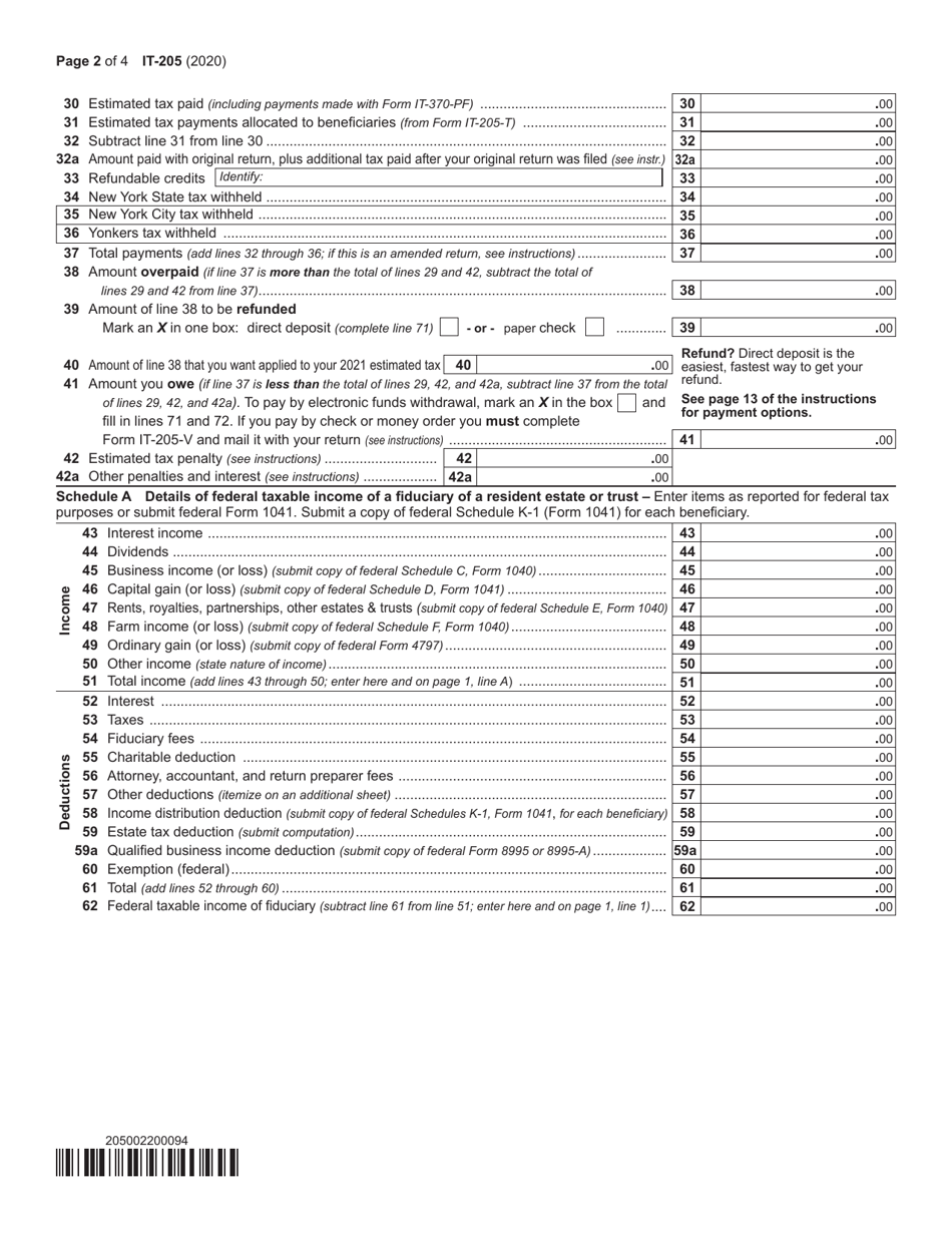 Form IT-205 Fiduciary Income Tax Return - New York, Page 2