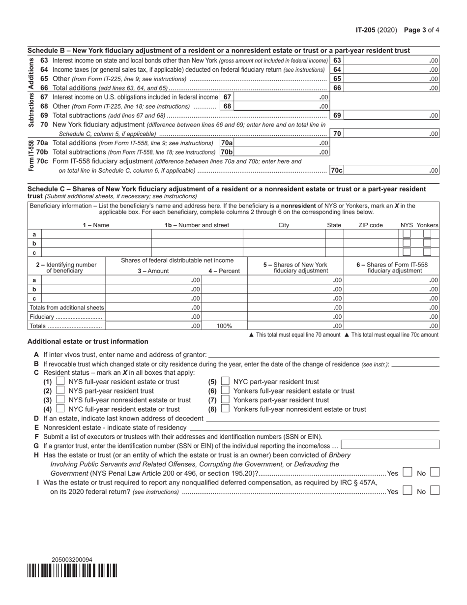 Form IT-205 Fiduciary Income Tax Return - New York, Page 3