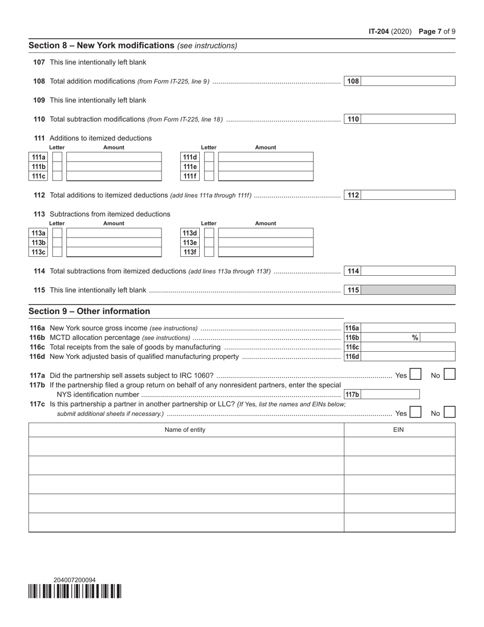 Form IT-204 Partnership Return - New York, Page 7