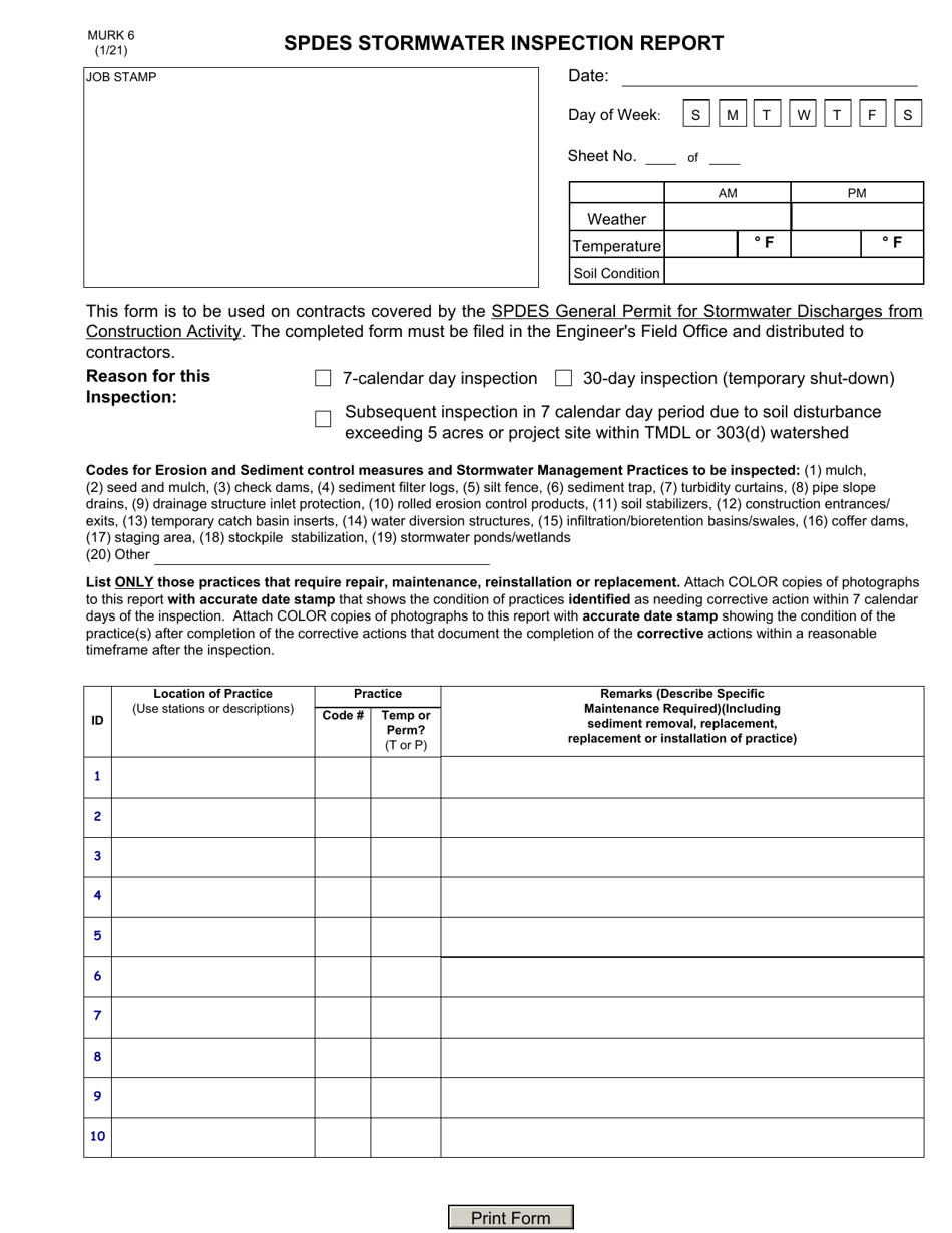 Form MURK6 Download Fillable PDF or Fill Online Spdes Stormwater