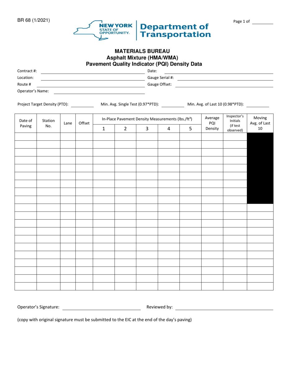 Form BR68 Asphalt Mixture (Hma / Wma) Pavement Quality Indicator (Pqi) Density Data - New York, Page 1